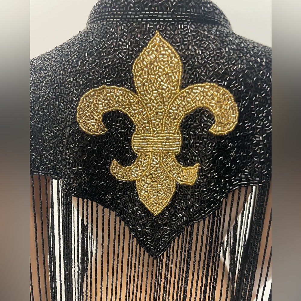 Black and Gold Fleur De Lis Beaded Fringe Cape - Picture 2 of 2